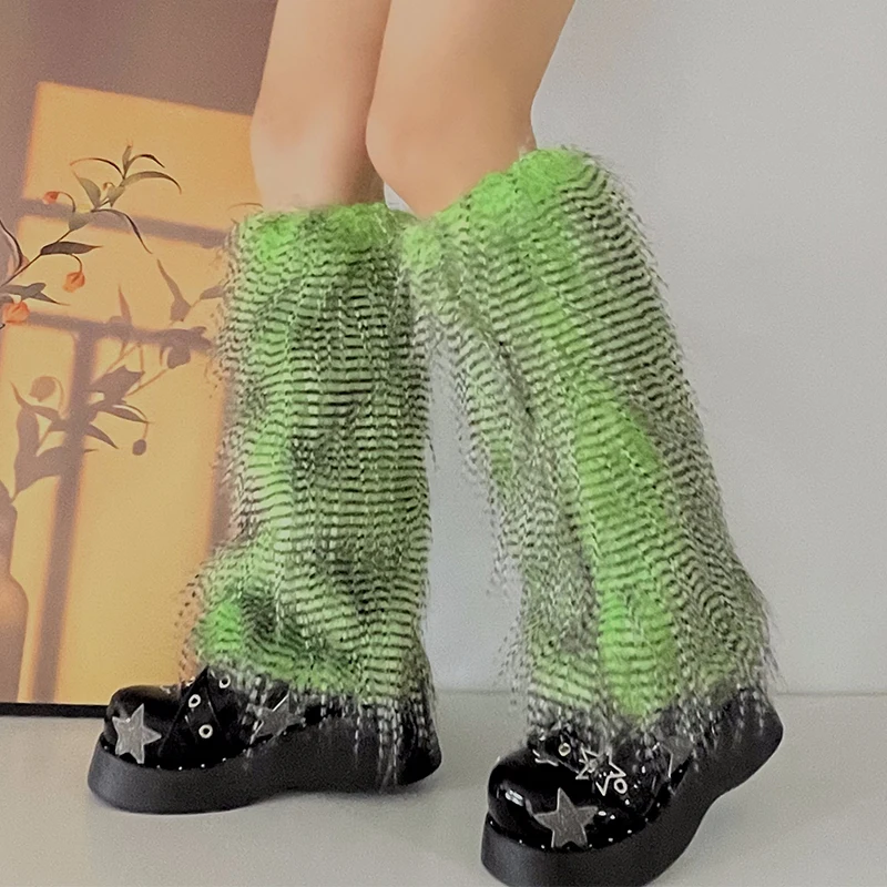Y2K Goth Furry Faux Fur Women Leg Warmers Boot Covers Harajuku Lolita Girls Punk Fashion Cute Jk Hipster Warm Fluffies Leggings