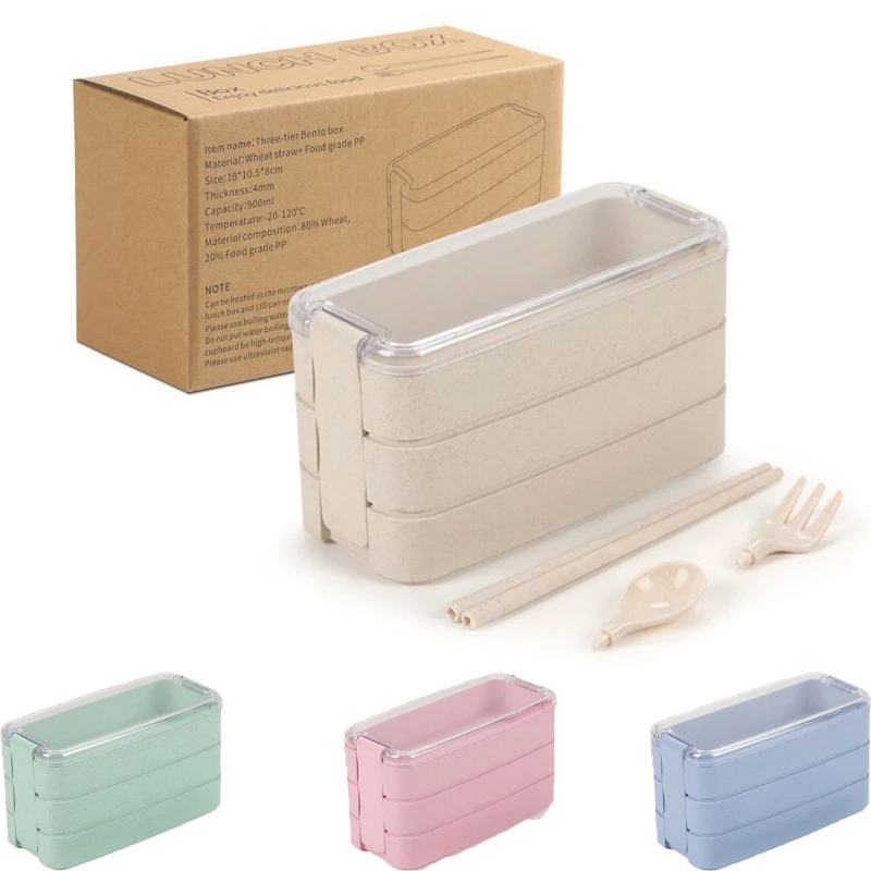 Description Picture 2 of item1pc 1000ML 3-layers Wheat Straw Lunch Box With Dinnerware Detachable Microwavable Hermetic Bento Box For Adults School Office