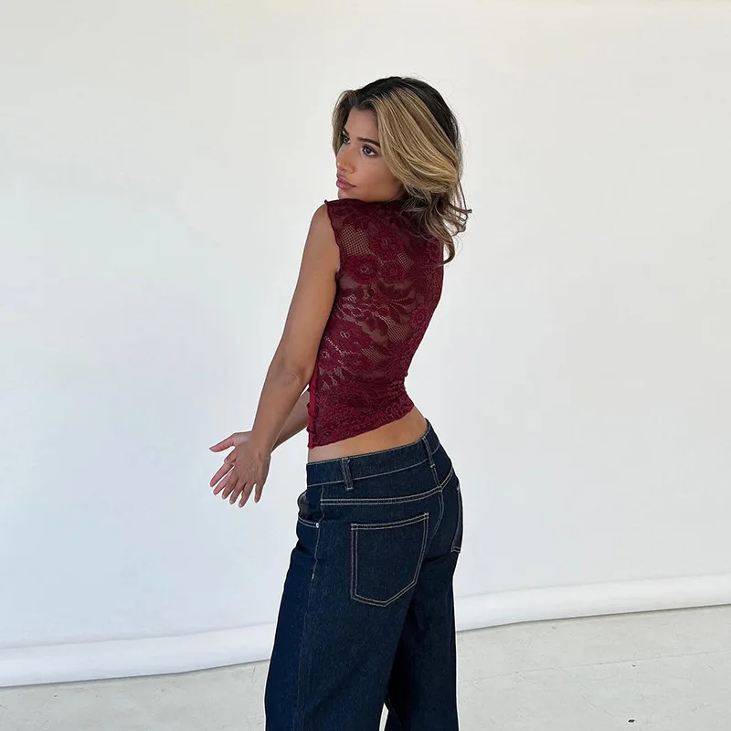 Top sexy con estampado calado Y2k para mujer, jersey transparente ajustado, recortado, con parches en contraste, ropa de calle, camiseta sin mangas para mujer