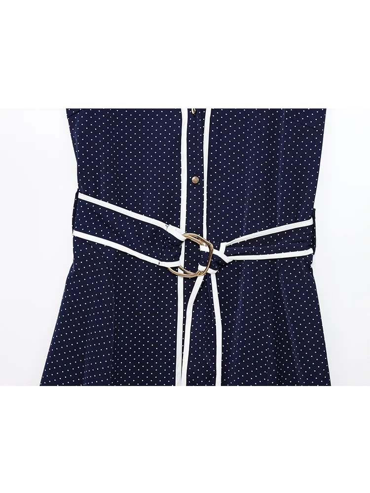TFMLN Women's Temperament Polka Dot Printed Midi Dress Chic Belt Decor Sleeveless Shirt Commuting Style Dress Female Summer New