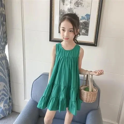 

Children's Summer Dress Sleeveless Solid Color Girls' Performance Dress Retro Dress Big Girl Fashion Party Dress