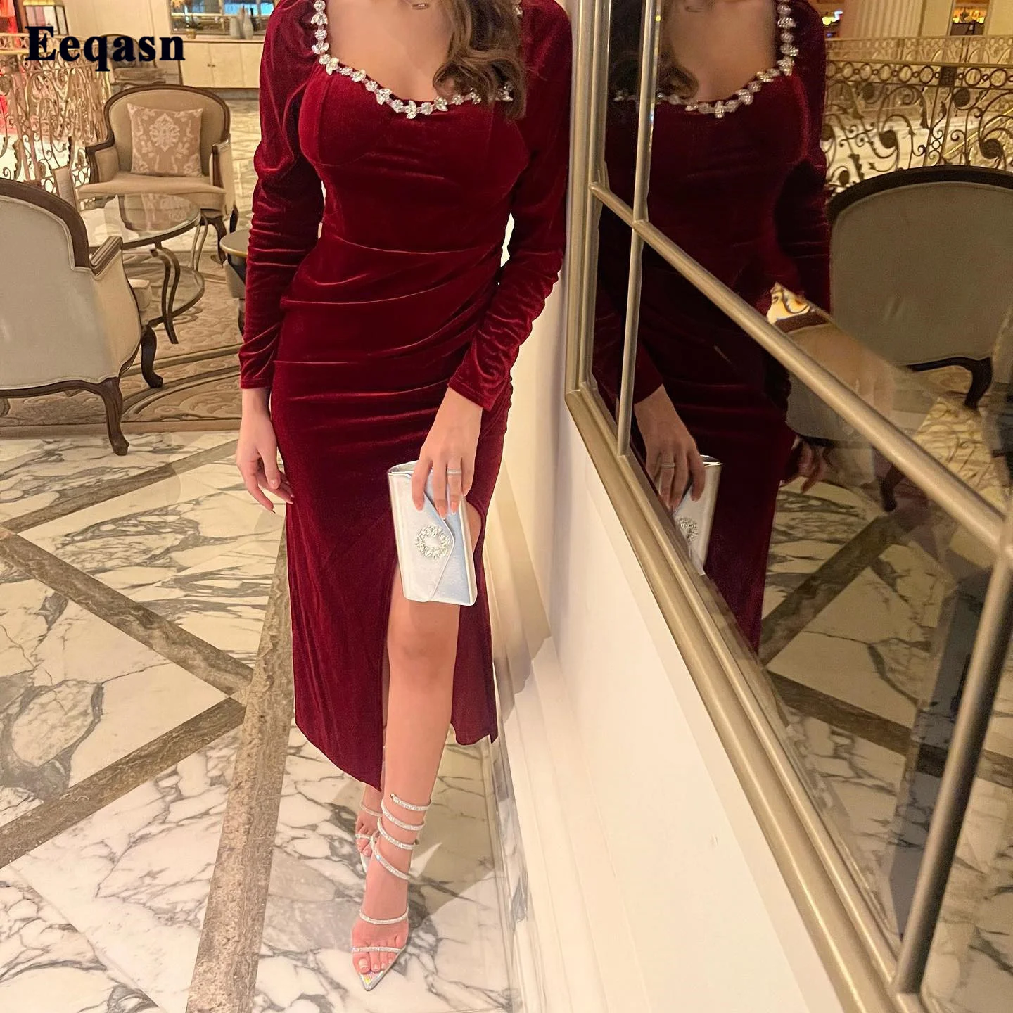 

Simple Burgundy Velvet Evening Dresses Long Sleeves Crystals Sweetheart Ankle Length Arabic Female Formal Party Gowns Prom Dress
