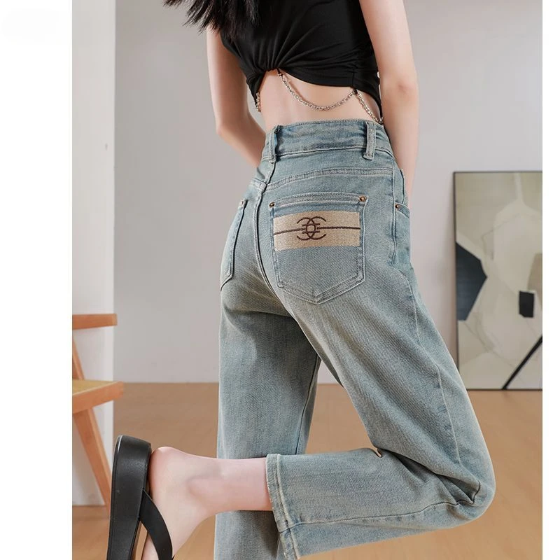 Y2K Light blue jeans for women in spring autumn high waist slim fit straight leg cropped pants trendy cigarette tube pants 2024 6