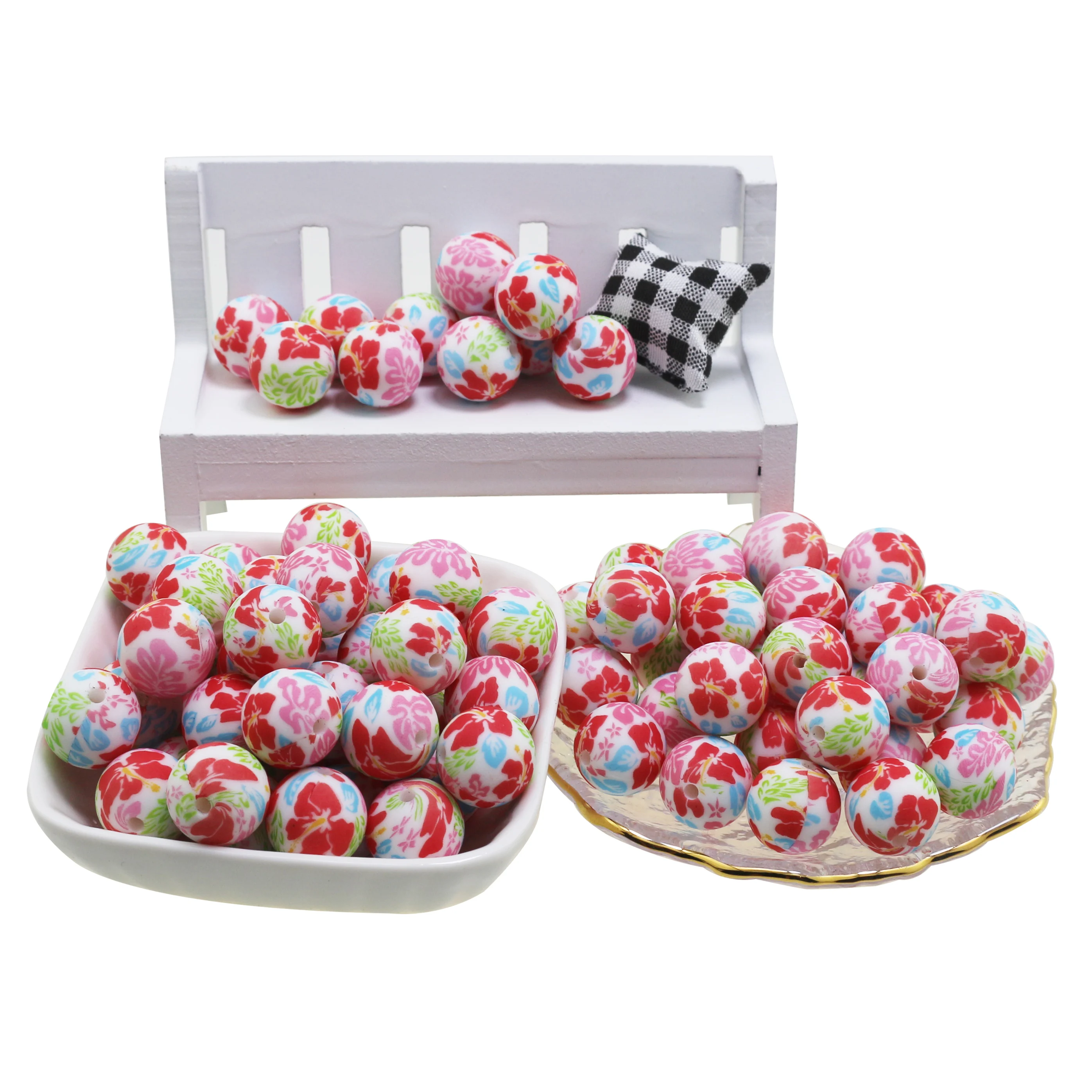 

50PCS 15mm Silicone Beads Peony Flower Print Baby Round Shaped Beads Teething BPA Free DIY Sensory Chewing Toy Accessories