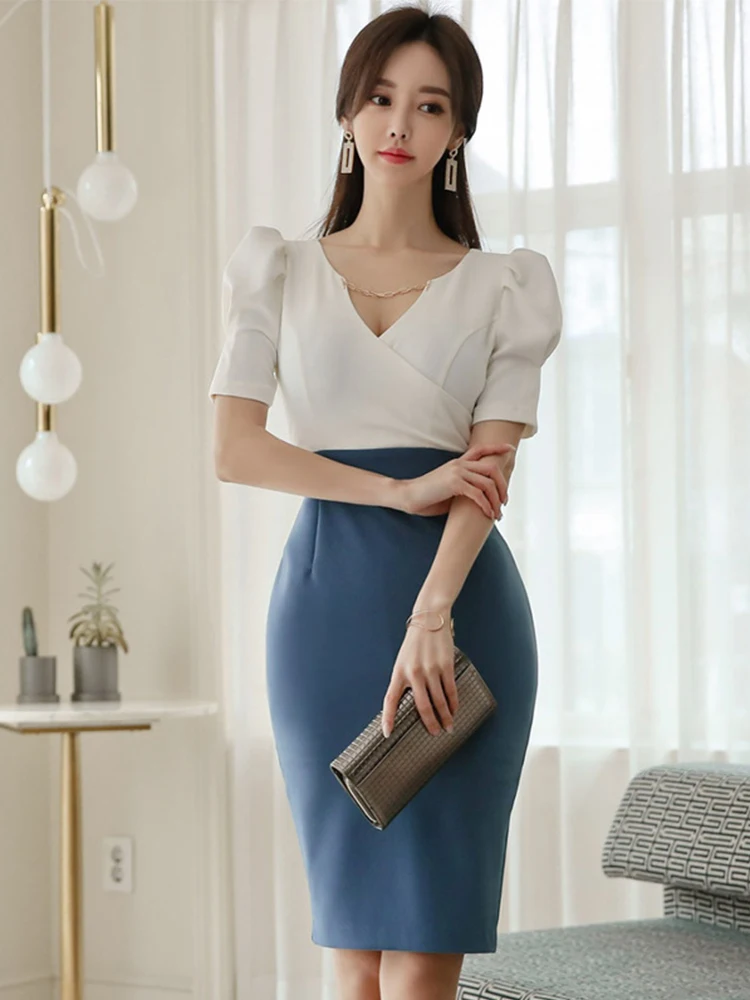 

Женское винтажное платье средней длины, белое или синее платье в Корейском стиле с рукавами-фонариками