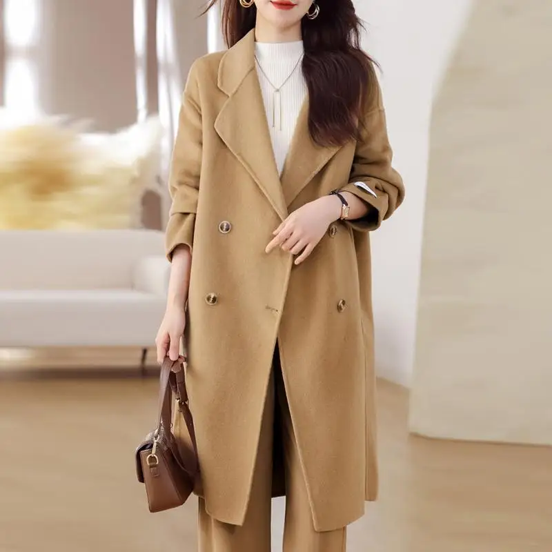 

Autumn Winter Woolen Coat Women's Double Breasted Mid Length Coat Korean Temperament Loose Solid Coats