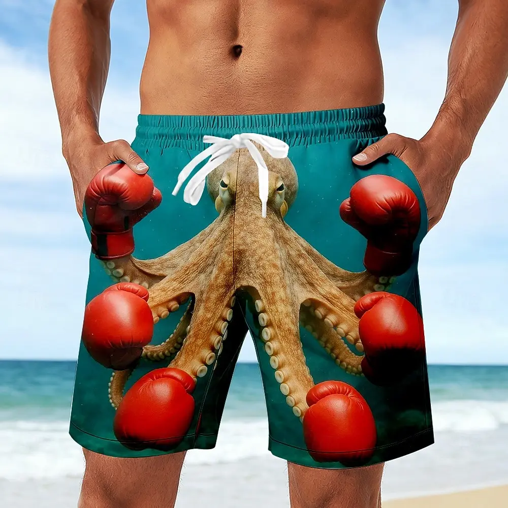 Short de bain homme drôle motif pieuvre et gants de boxe, imprimé animal 3D, séchage rapide, cordon de serrage élastique, short de plage d'été