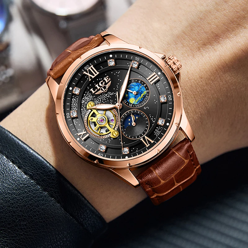 LIGE New Men Watch Fashion Brown Leather Automatic Mechanical Wrist Watches For Men Waterproof Luminous Watch Men Montre Homme