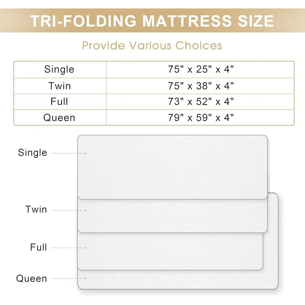 Folding mattress, 4-inch memory sponge triple fold mattress with breathable and washable bamboo fiber fabric cover 2