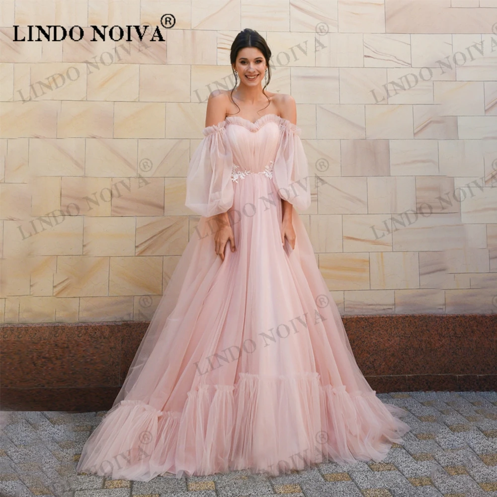 

LINDO NOIVA Pink Off the Shoulder Ball Gown Wedding Gown with Detachable Long Sleeves Bridal Dress Vestido De Casamento