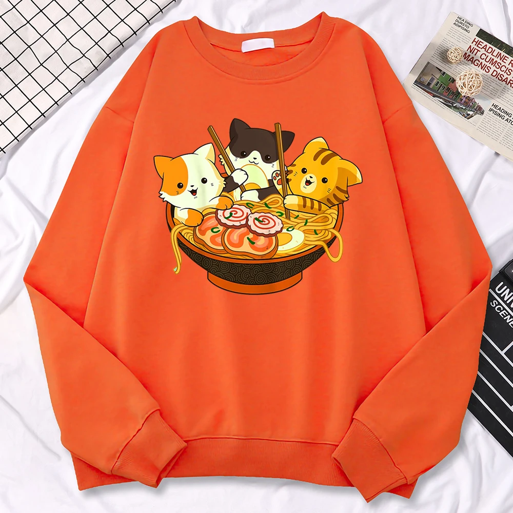 Einfaches Kawaii-Sweatshirt für Frauen, Anime-Katzen, die japanische Ramen-Nudeln essen, bedruckte Hoodies, lockere warme Pullover-Kleidung mit Rundhalsausschnitt – Detail 28