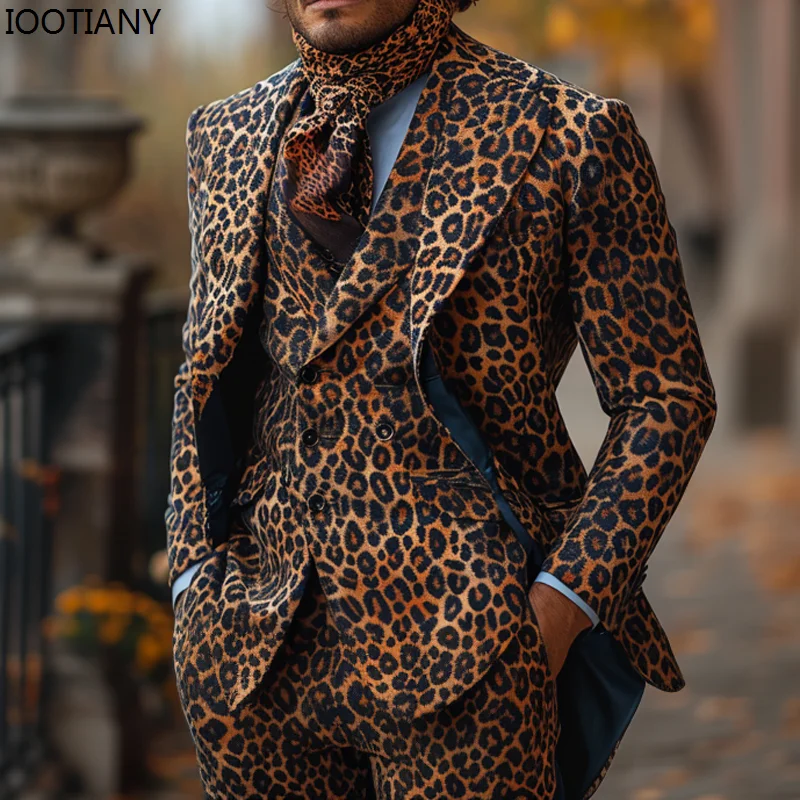 Men Vintage Leopard 3D Printed Suit Casual Long Sleeve Animal