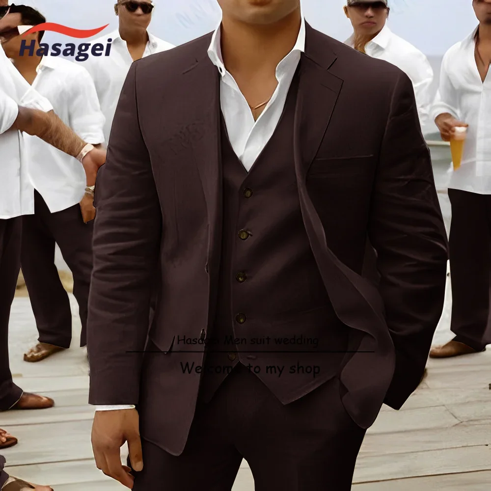 2023 Men's Suit Linen Material Jacket Pants Vest 3-piece Set Groom Wedding Tuxedo Breathable Slim Fit Formal Blazer