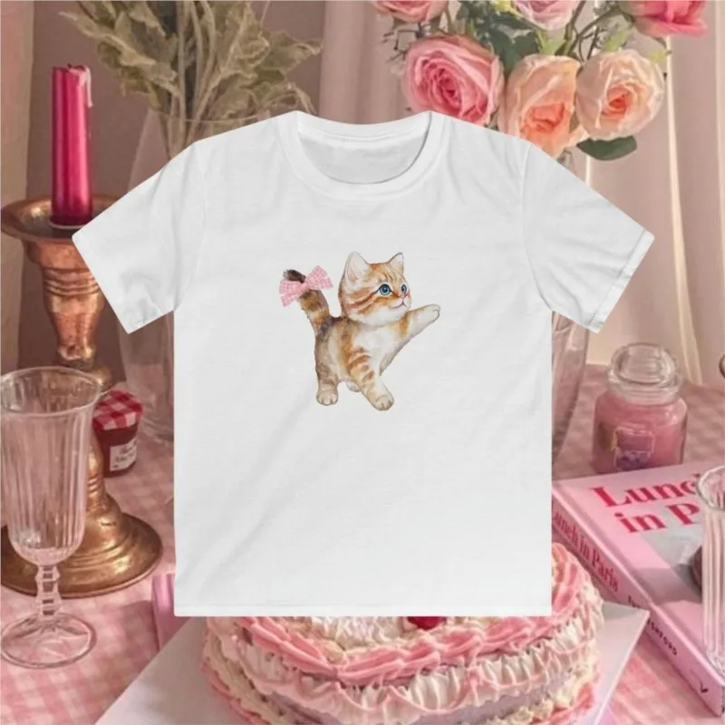 

Vintage Street Baby Tee Grunge Slim Crop Top Y2K Clothes Summer Top Angel Cat graphics Short Sleeve T-shirt White Goth 90s