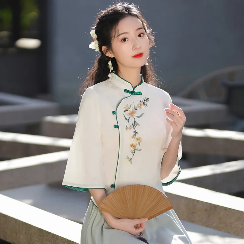 Fashion Women's Plus Size Hanfu Tops Spring Cotton Blend Embroidery Chinese Style Retro Qipao Girls
