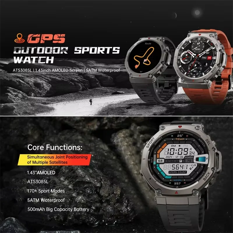 Smart Watch For T-Rex 3 GPS Smartwatch AMOLED Touch Screen 5ATM Outdoor Compass Smart Fitness Sport Monitor Men Watch ForXiaomi 5