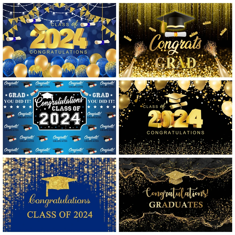 

Congrates Grad Backdrop Gold Black Bachelor Cap Congradulation Class of 2024 Graduates Party Photography Background Decor Banner