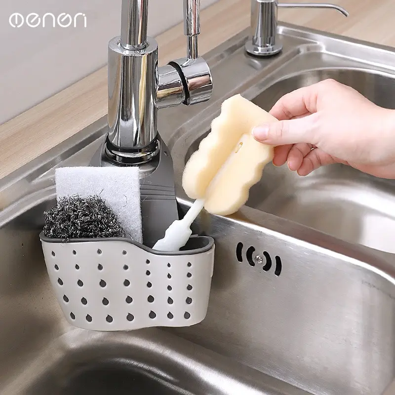 Kitchen Supplies 1pc Double Sink Draining Hanging Bag Adjustable Press Faucet Shelf Sponge Double Basket Storage