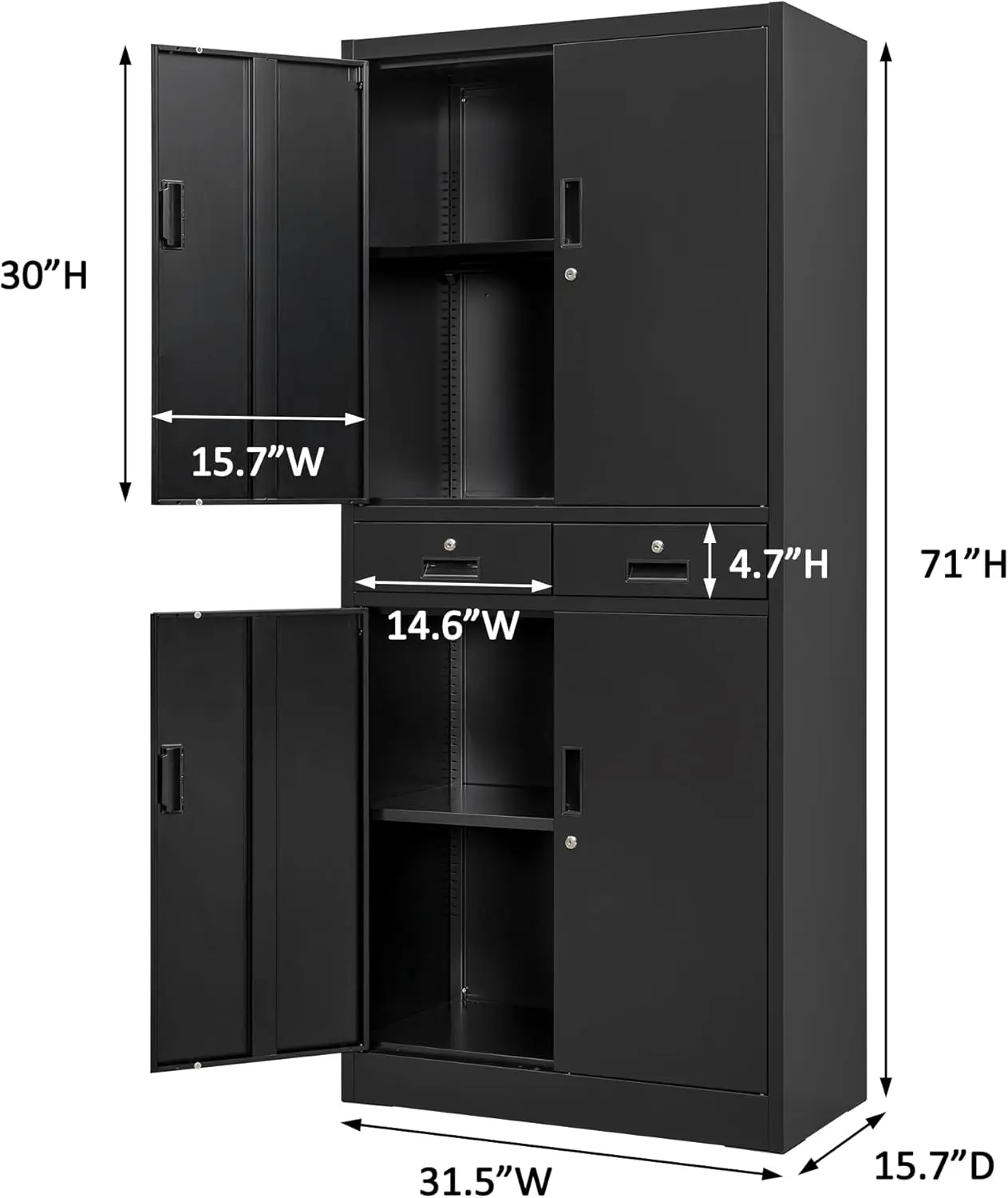 Storage Cabinet，71" Garage Storage Cabinet with 2 Locking Drawer and 4 Adjustable Shelves ，Black Tool Cabinet，Lockable Fil 3