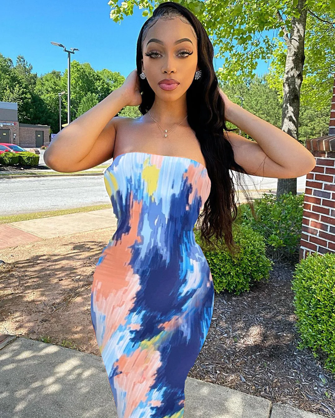 Spring/Summer Women's Colorful Tie Dye Print Off Shoulder Wrapped Chest Dress 5