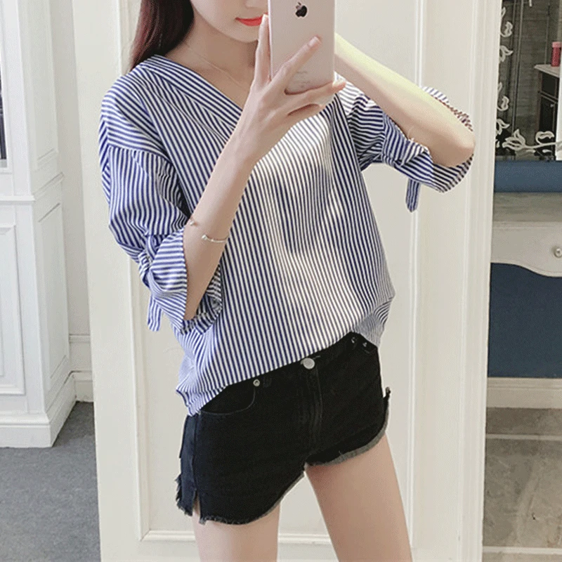 

2023 Summer New Loose Flare Sleeve Striped Women Blouses V-neck Sexy Blackless Tops Commuting Korean Fashion Casual Simple Shirt