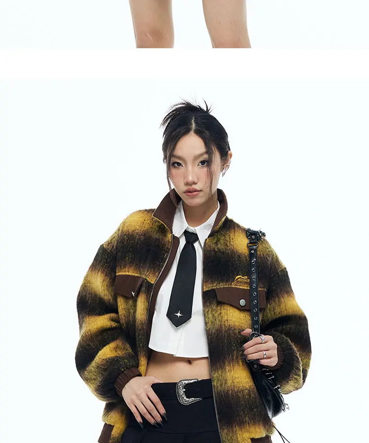 Veste rétro américaine rayée pour femmes, couleur mixte, fermeture éclair, manches longues, lettres brodées, manteaux à revers, automne hiver, manteau chaud_voghion.com