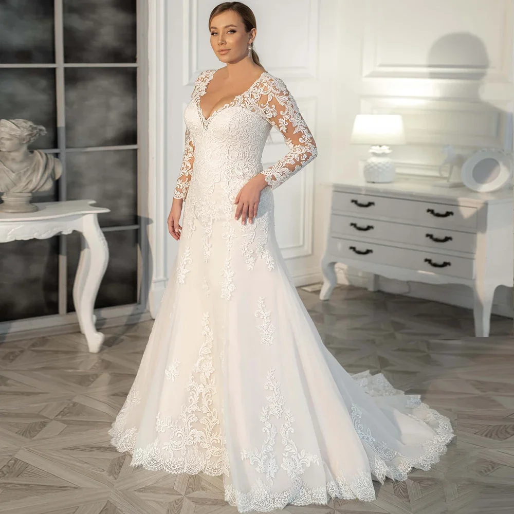 

Plus Size Wedding Dress Elegant Trumpet Lace Appliques V-Neck Long Sleeves Modest Vestido De Novia свадебное платье 2021 Custom