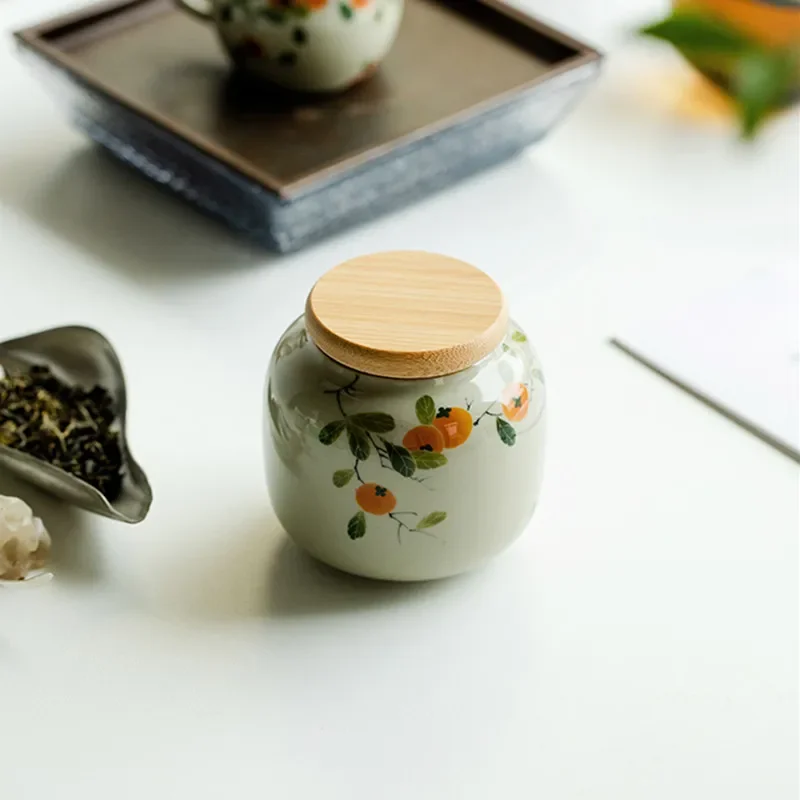 Chinese Ceramic Tea Caddy Hand-painted Persimmon Tea Jar Travel Bag Storage Box Sealed Container Storage Tank Teaware