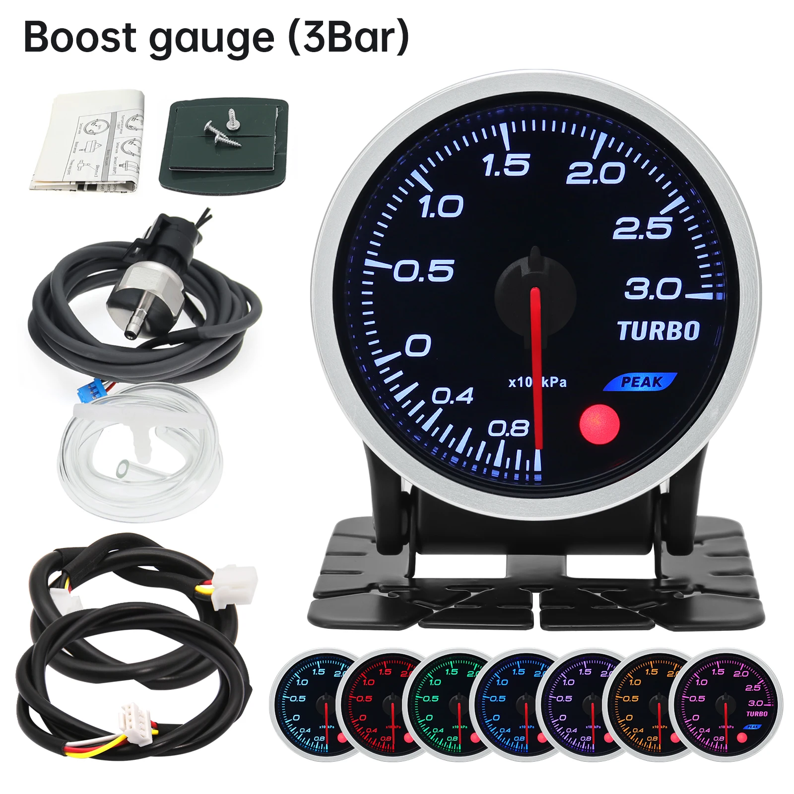 8-Color Backlit Universal Turbo Pressure Gauge - Fuel, Oil, Temp Reading, 52mm, 12V