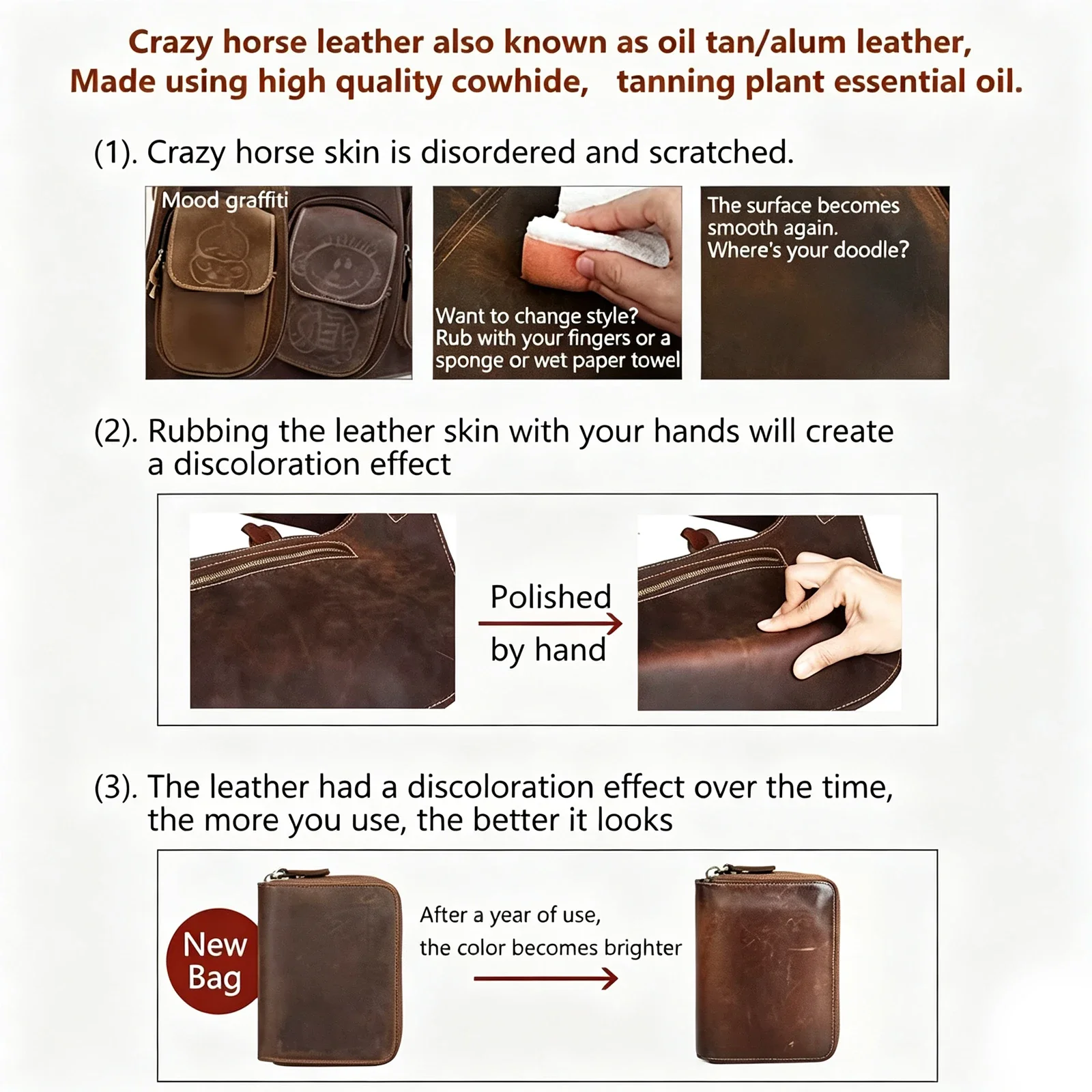 Premium Crazy Horse Leather – Black, Brown, Wine Red – Full-Grain Genuine Leather