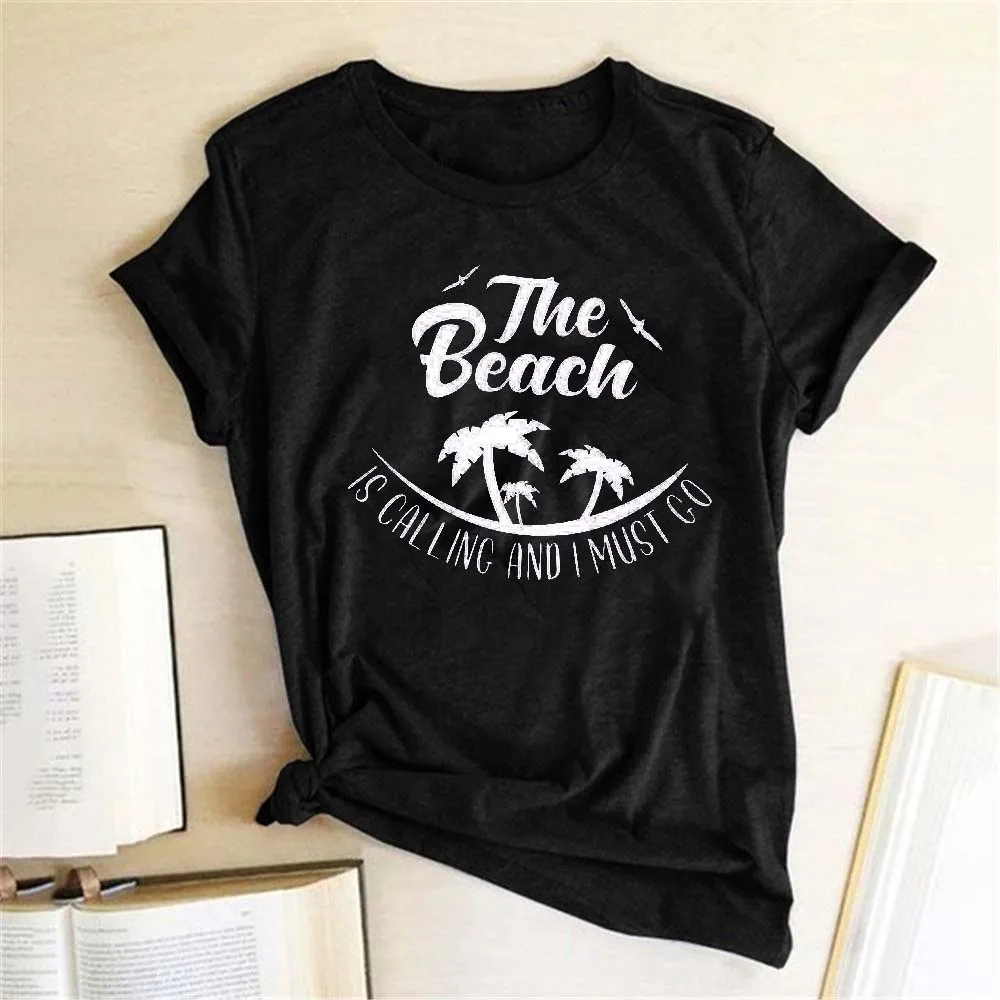 

Seeyoushy THE BEACH IS CALLING AND I MUSI GO Coconut Print Summer Women's Loose O-neck Short Sleeve T-shirt Harajuku Women's Top