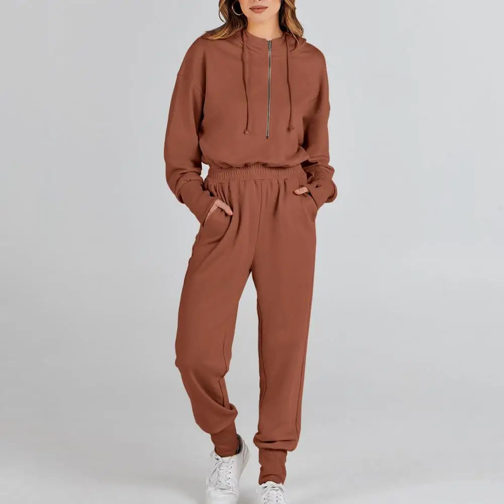 

Women One-piece Outfit Sporty Hooded Women's Jumpsuit with Elastic Waist Drawstring Long Sleeve Solid Color Ankle-banded Fake