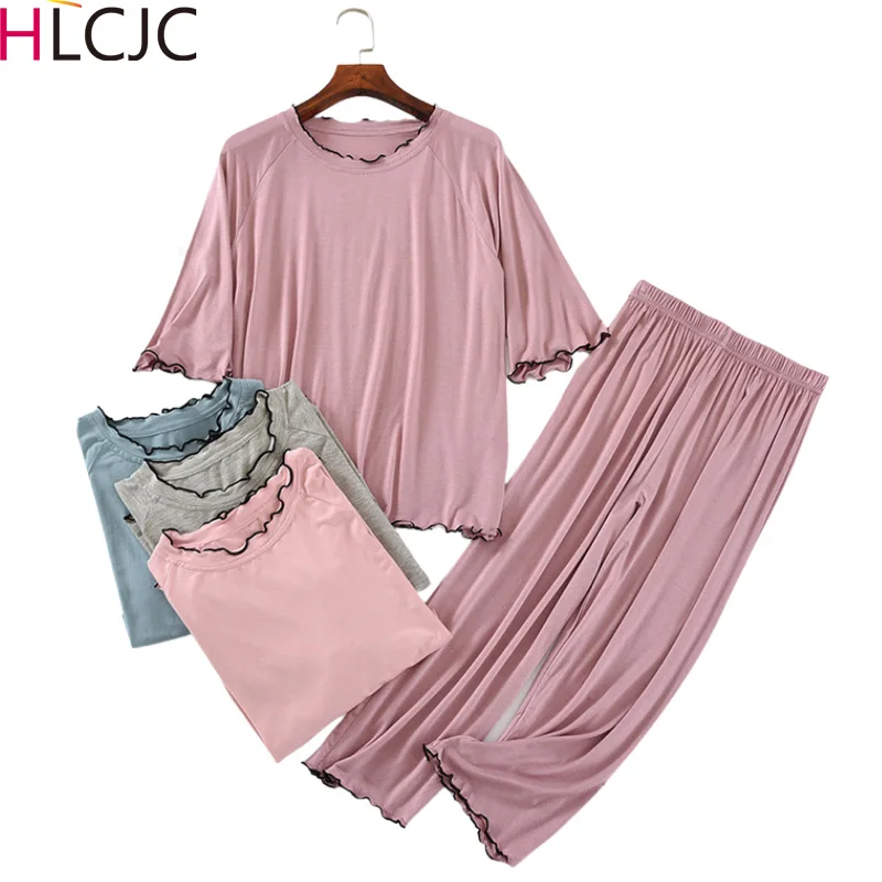 

2023 New 2PCS Pajama Sets Women Three Quarter Solid Modal Loose Breathable Pyjamas Femme Soft Lady Suit Womens Home Clothing