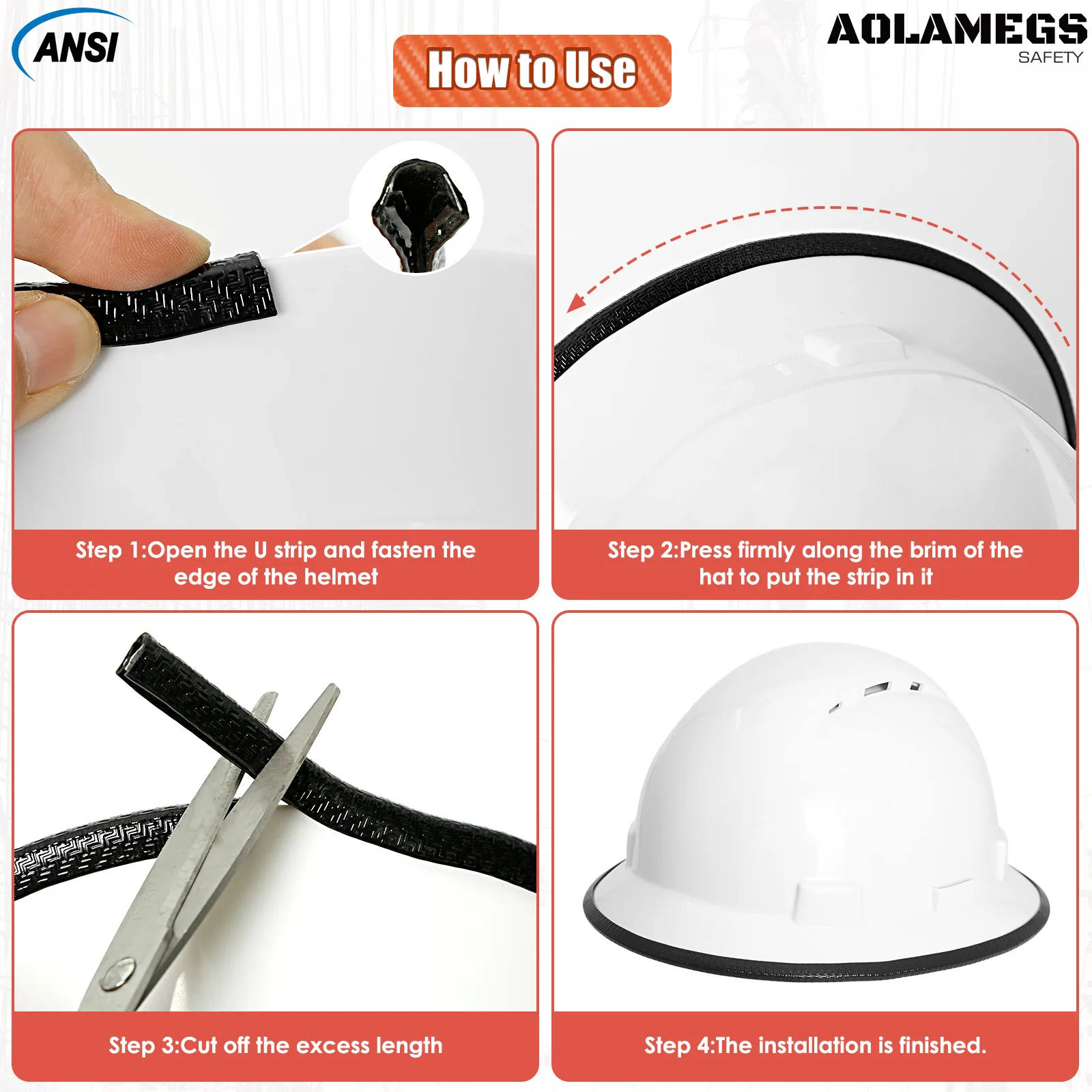 Aolamegs Anti-collision Strips Full Brim Hard Hat Guard Strengthen Helmet Protection Helmet Accessories 36.6in Length Croppable safety helmet