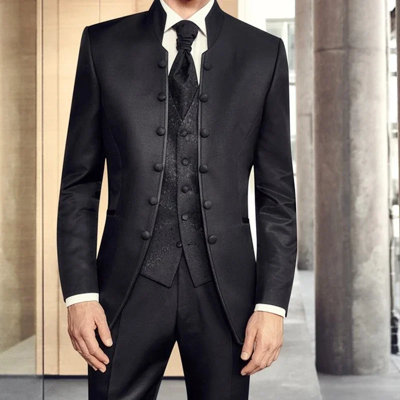 Tunic Men Suits with Stand Collar Double Breasted Blazer Jacket Vest Pants 3 Pcs Wedding Groom Tuxedo Italian Style