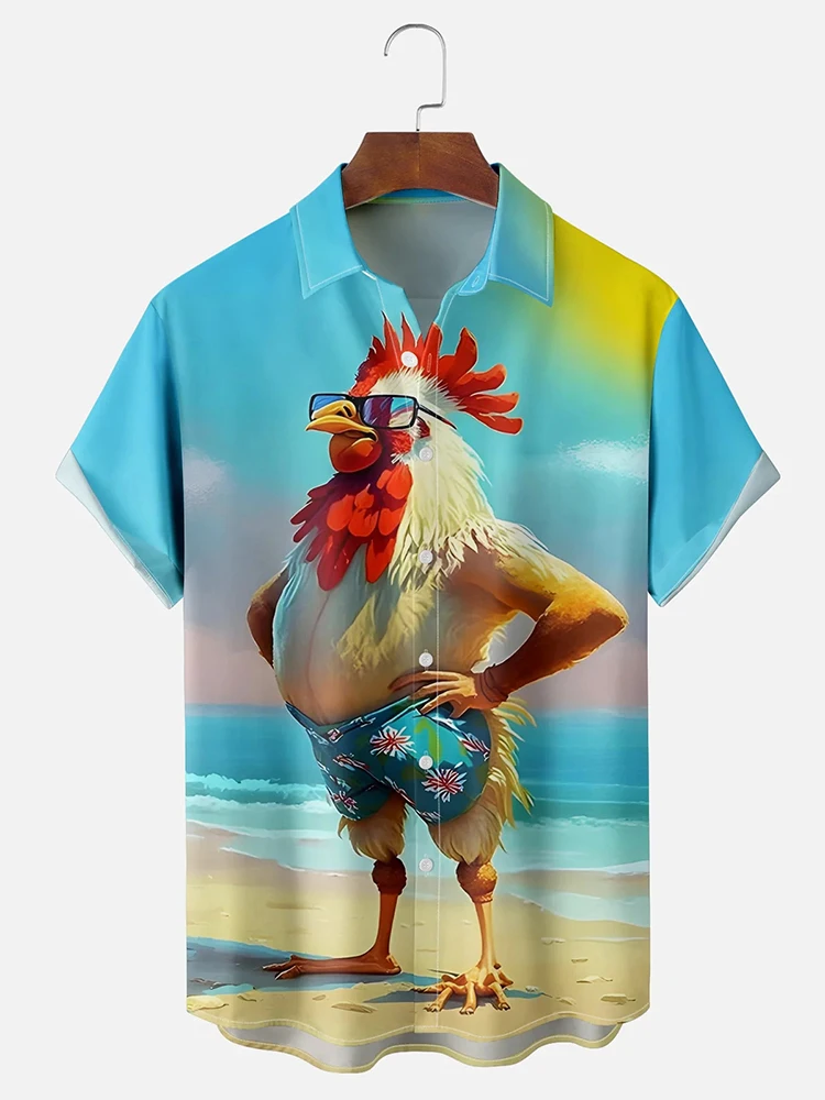 Men's Hawaiian Short Sleeve Shirt Cartoon Chicken Print Men's Casual Shirt Summer Daily Street Fashion Men's Short Sleeve Shirt 2