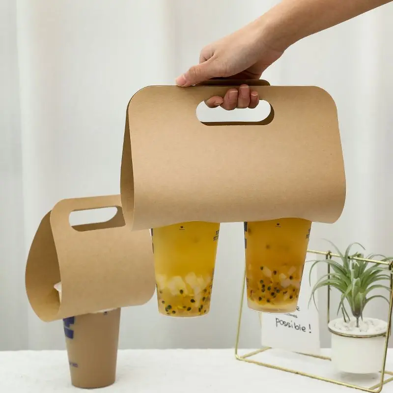 

Disposable Handle Cup Holder Kraft Paper Thick White Paper Jam Beverage Takeout Single Double Cup Portable Packing Paper Tray