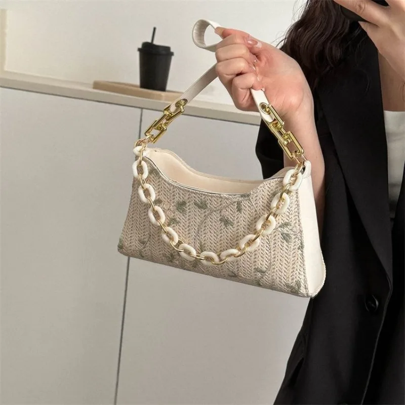 Elegant Shoulder Bags for Women High Quality Embroidery Underarm Handbags Weaven PU  Leather Armpit Purse Bag