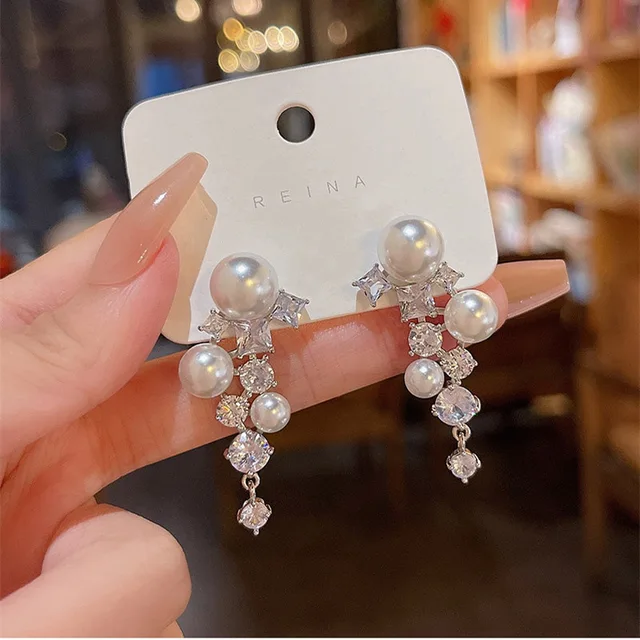 Boucles d'oreilles classiques et élégantes pour femmes, Imitation Double perle, longues pampilles en cristal, goutte d'eau, bijoux cadeaux de mariage, nouvelle collection 2023