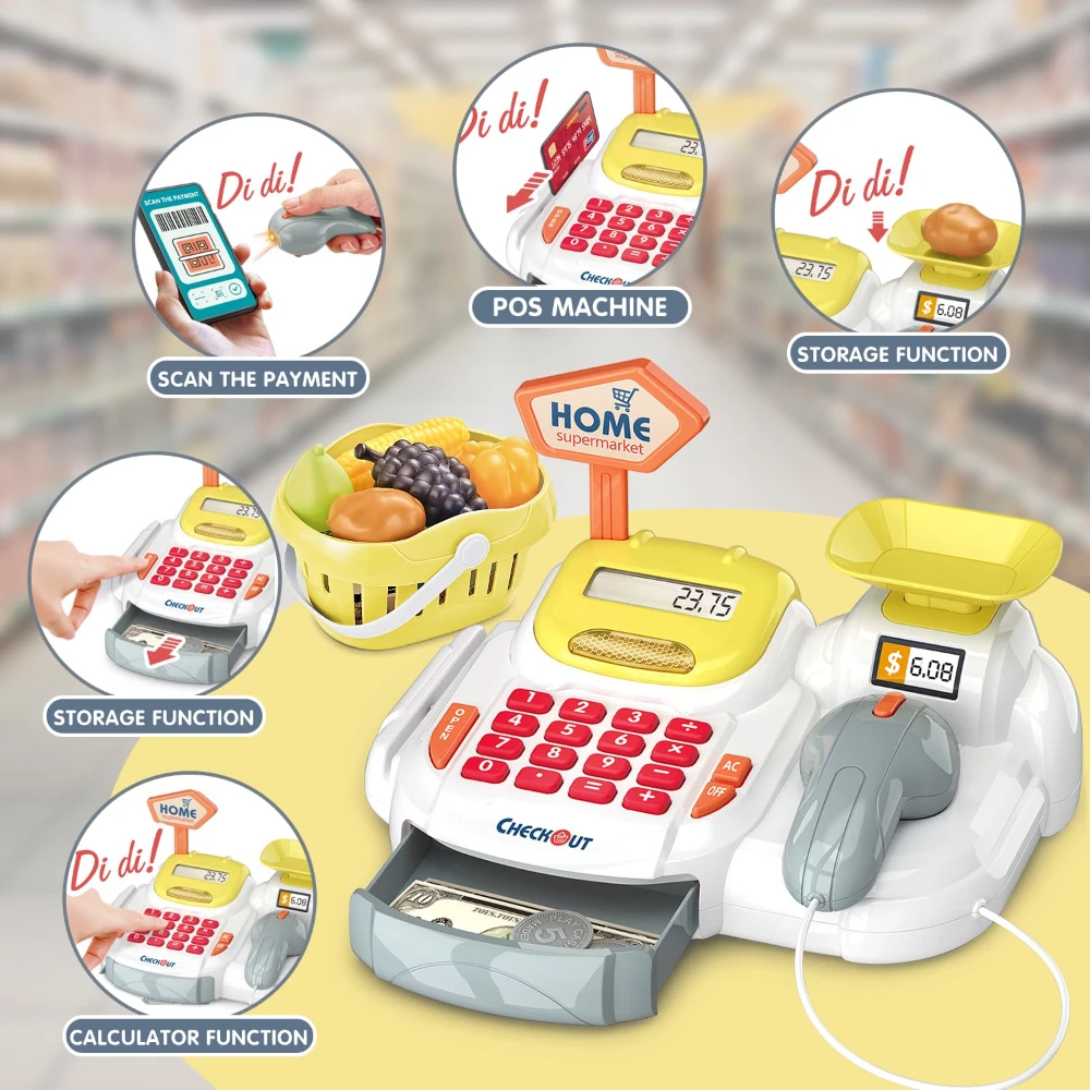 WizKidz Pretend Play Cash Register Toy with Scanner Sounds Calculator Credit Card Reader Play Food Money for Kids 3 Years Plus