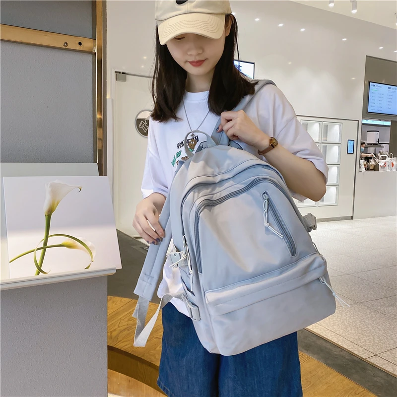 Fashion Backpack Women Multi-Pocket Anti-Theft Backpack Solid Color Nylon School Bag For Girl Large Capacity Cute Travel Backbag