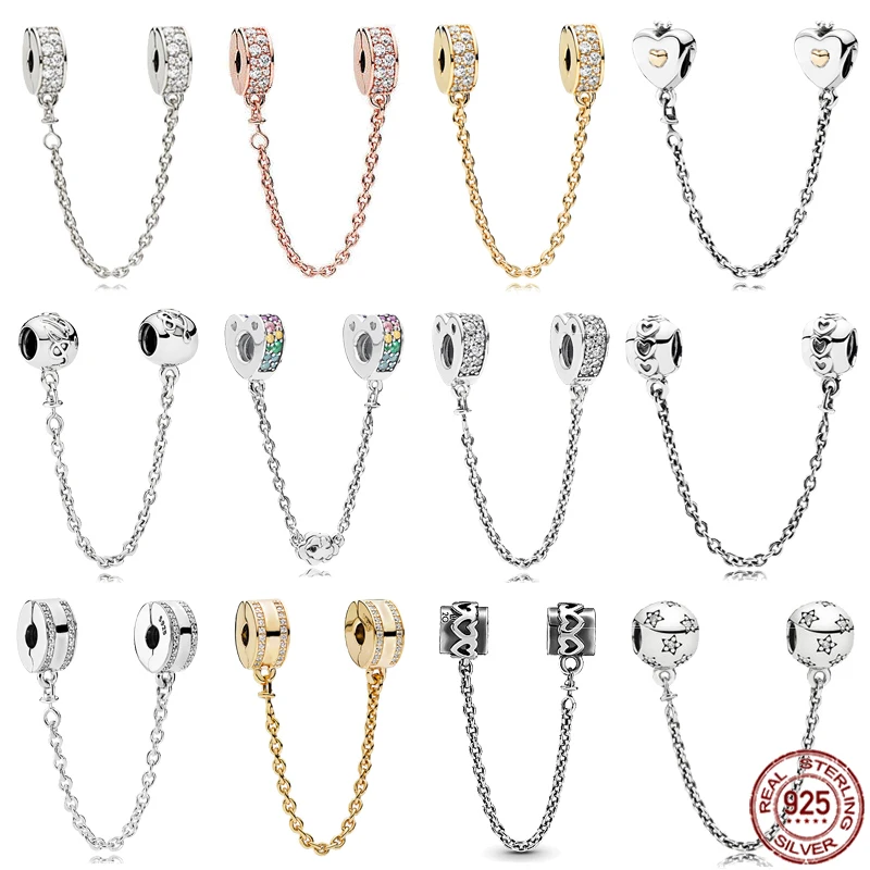 

Hot Sale 925 Sterling Silver Rose Gold Heart Round Safety Chain Charm fit Original Pandora Bracelets DIY Jewelry Gifts