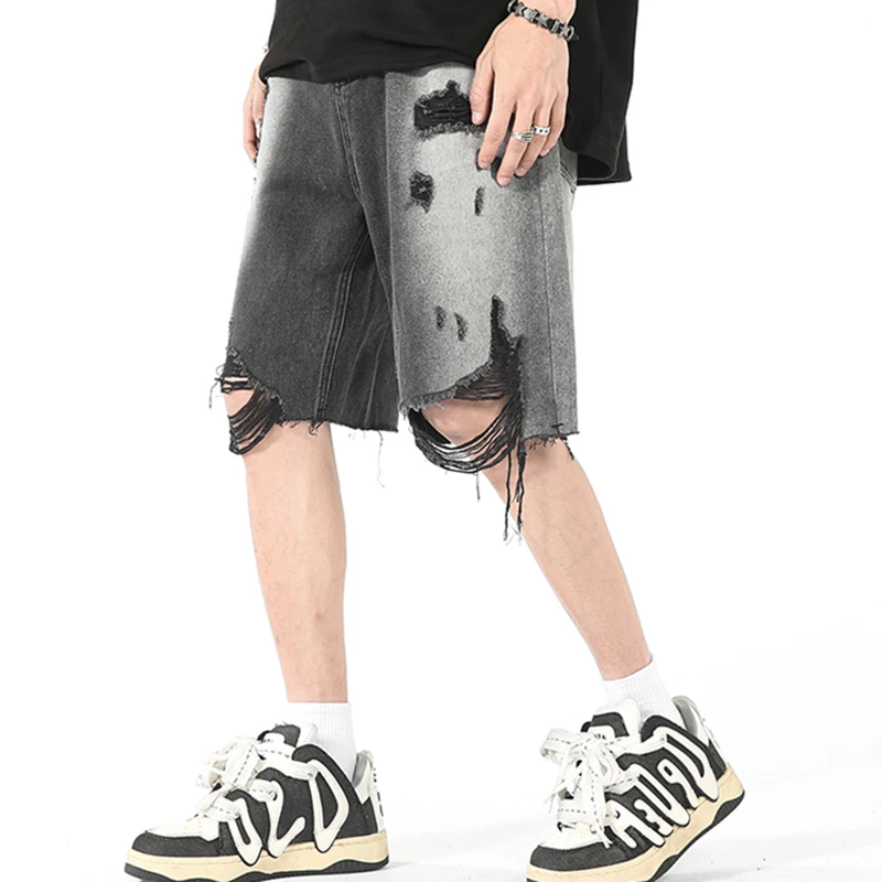 Fashion Loose Spliced Zipper Pockets Tassel Hole Korean Jeans Shorts Men's 2024 Summer New Solid Color All-match Casual Shorts