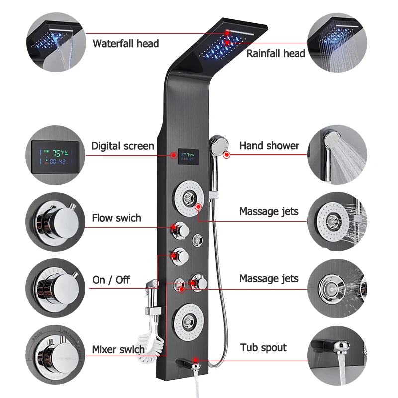 Description Picture 5 of itemShinesia LED Shower Panel Rainfall Bathroom Column Mixer Wall Mounted Shower System Set With SPA Massage Jet Bidet Sprayer