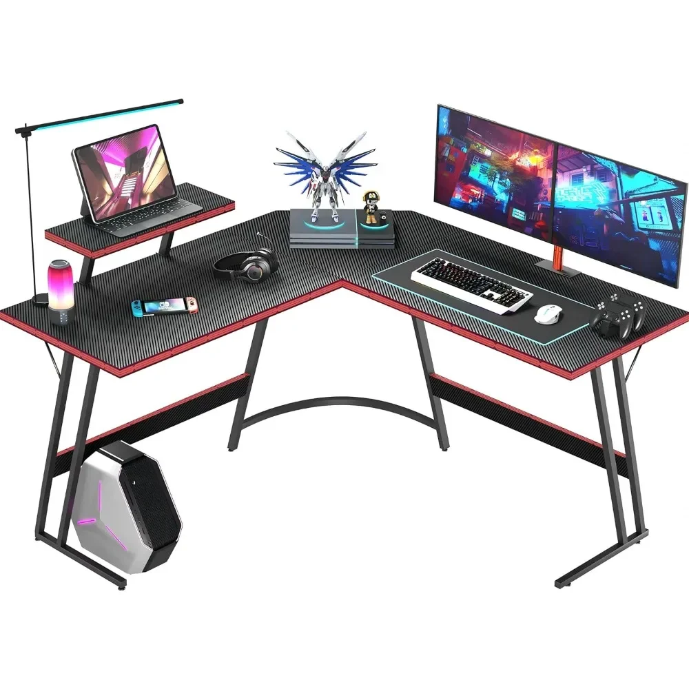 L Shaped Gaming Desk, 51 Inch Computer Corner Table with Large Monitor Stand & Carbon Fiber Surface for Home Office Study 47 inch computer desk with power outlets gaming desk with led lights home office work desk with monitor shelf modern office