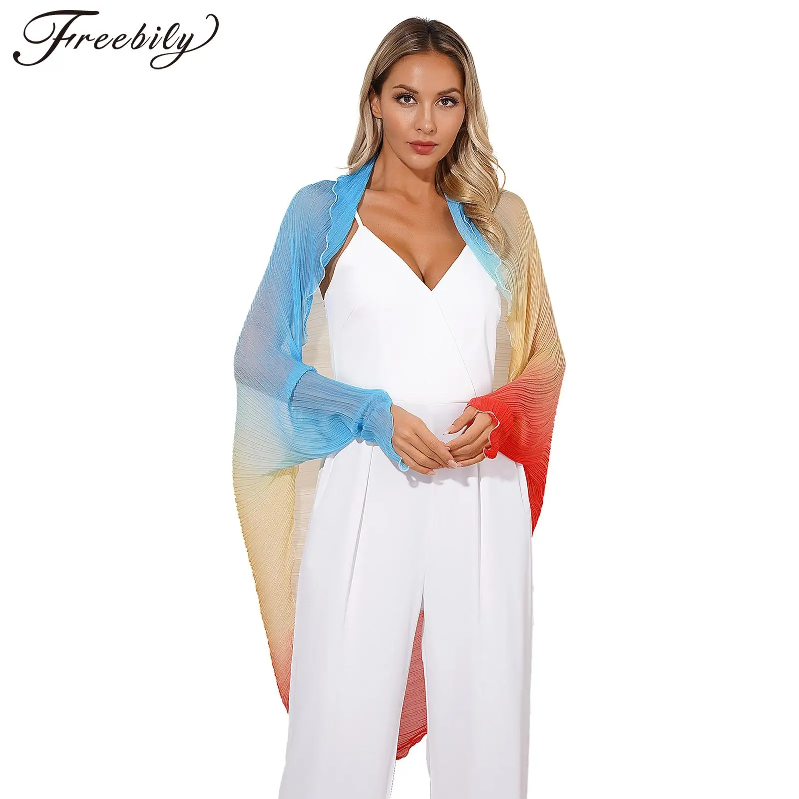 

Womens Fashion Gradient Ruched Shawl Wraps Sun-Protective Chiffon Cardigan Vacation Beach Long Sleeve Open Front Shrug Cover Ups