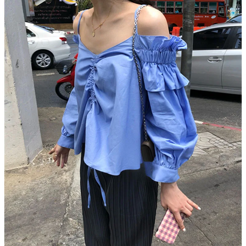 

New Spring and Autumn Solid V-neck Small Drawstring Fashion Elegant Loose Commuter Camisole One Shoulder Long Sleeve Shirt