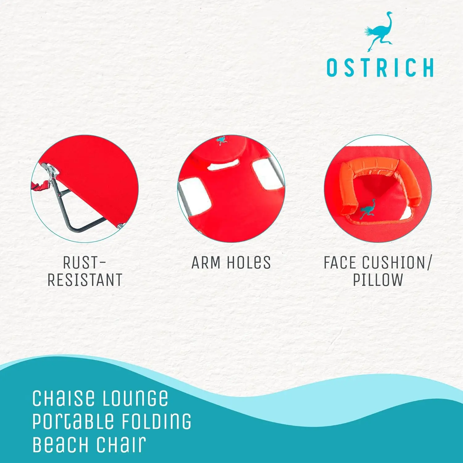 Beach Lounge Chair, Folding & Reclining Outdoor Chaise Lounger, Red - Portable Adjustable Recliner Chair