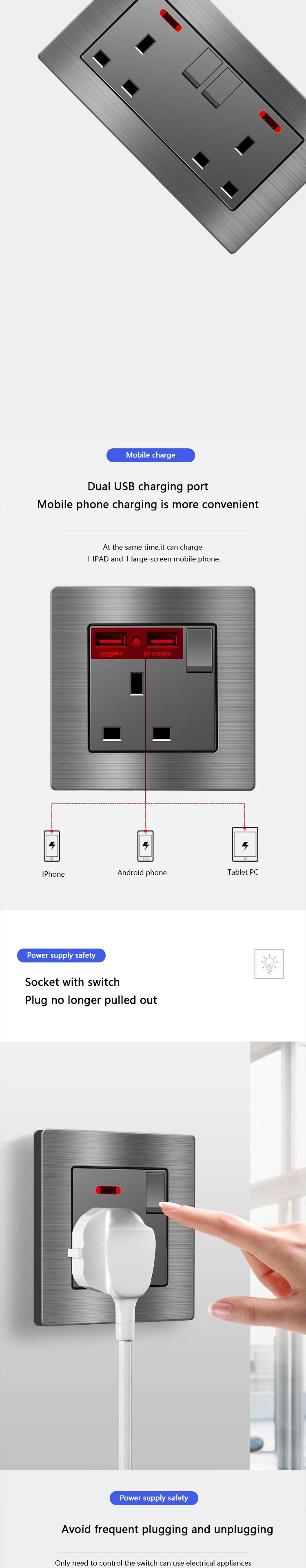 Description Picture 3 of itemUniversal 18W Type-C Fast Charging Dual Power Outlet,Brushed aluminum Uk 13A Usb Wall Socket,220V Electrical Light Switch Panel