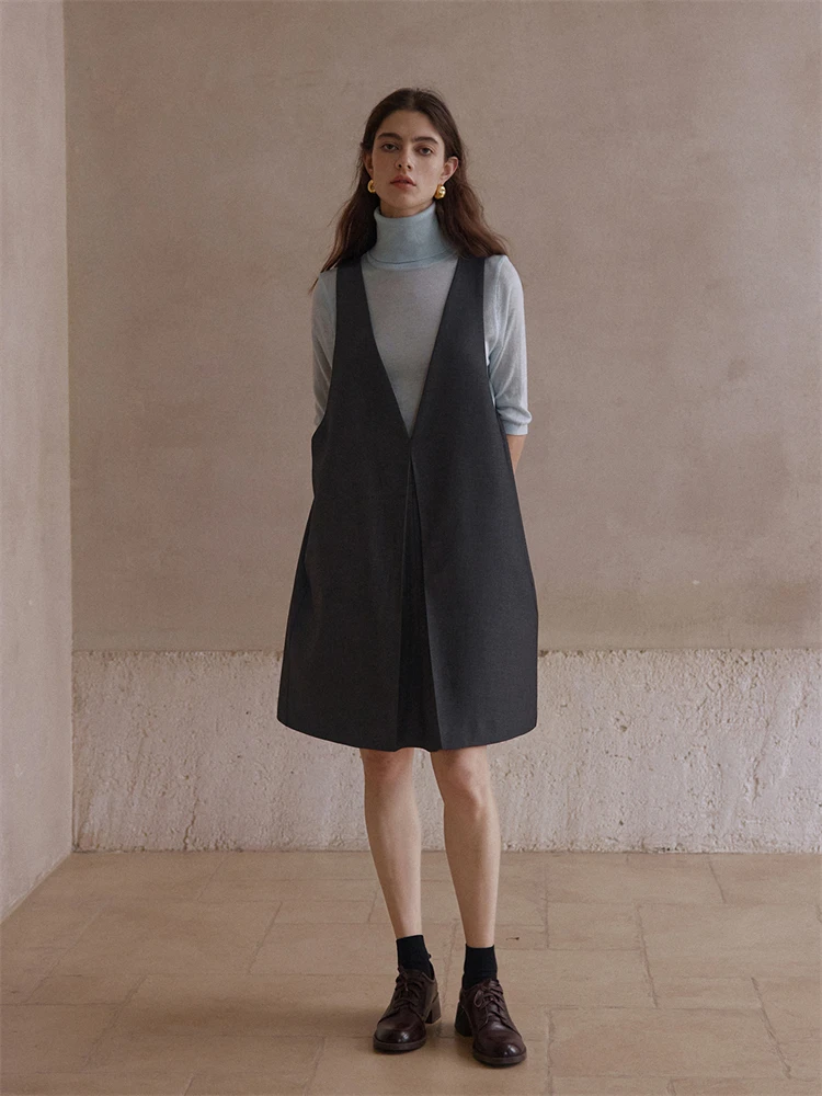 New Trendy 2025 Autunno Donna Scollo a V Abito in lana Lady Comodo Loose Fit A Line Abiti Marchio di abbigliamento MY0007 4